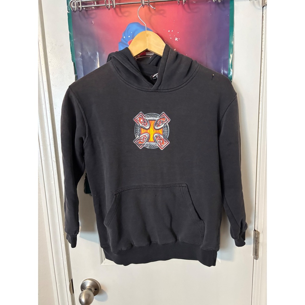 Hybrid Tees Vintage Black y2k Hoodie Dragon Flame Celtic Cross Women Medium